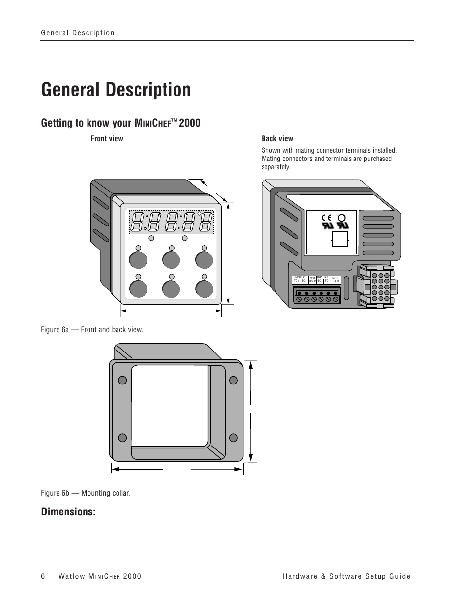 General description, Getting to know your m, Dimensions | Front view back view, Overall width x height x depth (includes m | Watlow MINICHEF 2000 User Manual | Page 7 / 71