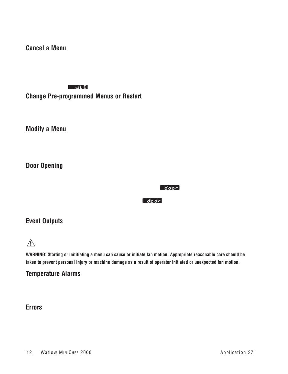 Cancel a menu, Change pre-programmed menus or restart, Modify a menu | Door opening, Event outputs, Temperature alarms, Errors | Watlow MINICHEF 2000 Rotisserie Oven Application User Manual | Page 14 / 31