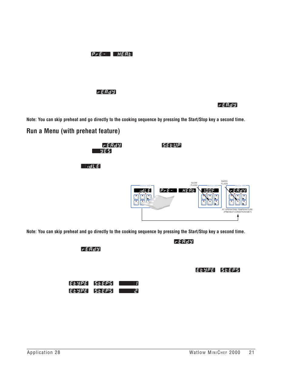 Run a menu (with preheat feature), Idle, 100f | Ready, Pre-`] [`heat | Watlow MINICHEF 2000 Rotisserie Oven Application User Manual | Page 23 / 31