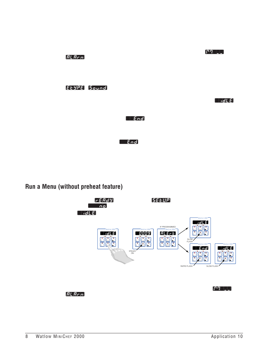 Run a menu (without preheat feature), Idle, Alert | I n i, H e f | Watlow MINICHEF Deep Fat Fryer Application User Manual | Page 10 / 111