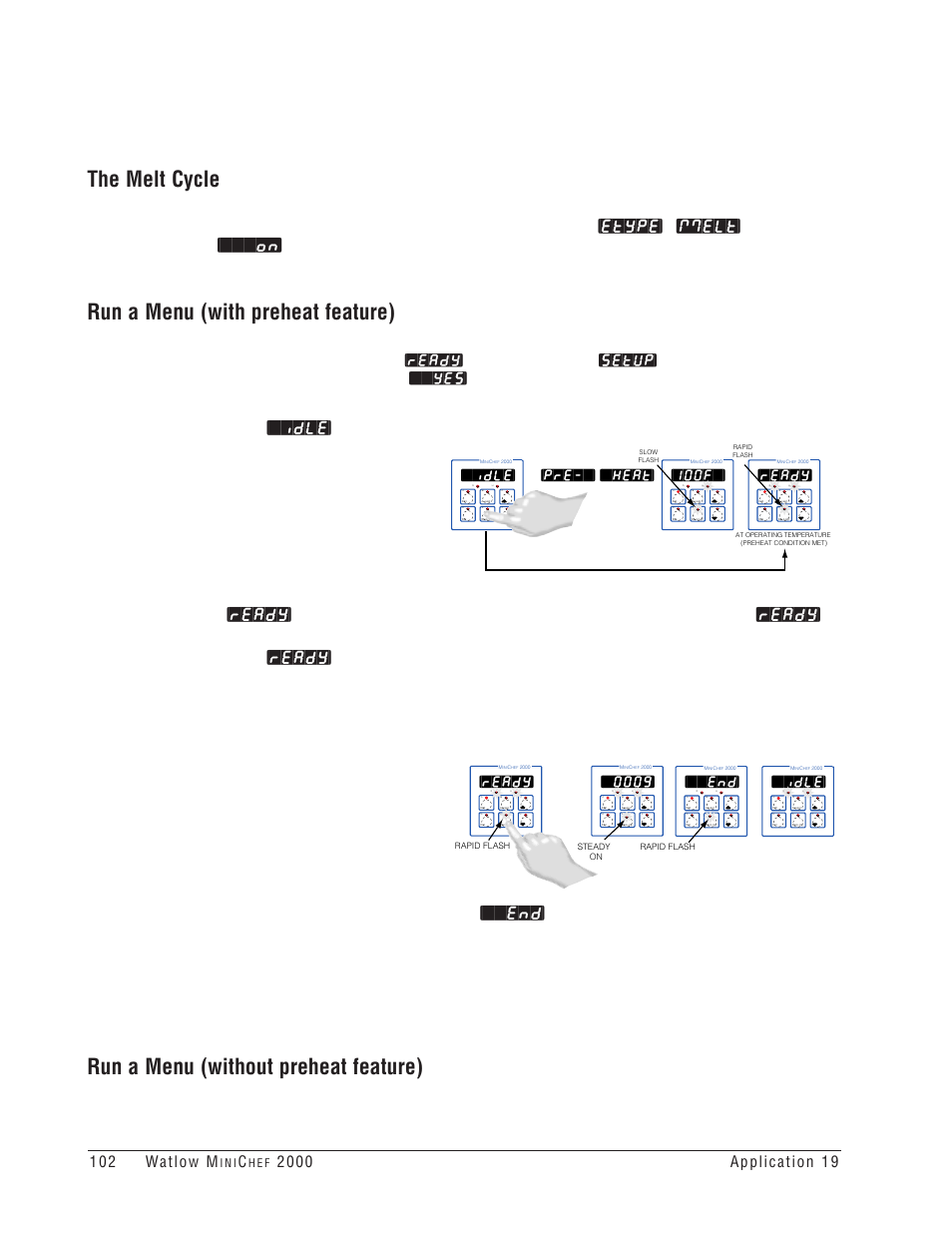 The melt cycle, Run a menu (with preheat feature), Run a menu (without preheat feature) | Parameter in the, Function of the configuration mode is set to, Ready, Setup, Idle, 100f, Pre-`] [`heat | Watlow MINICHEF Deep Fat Fryer Application User Manual | Page 104 / 111