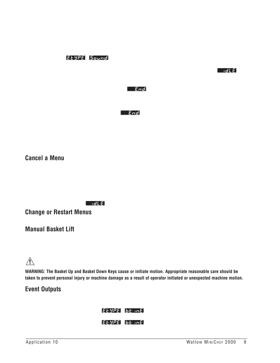 Cancel a menu, Change or restart menus, Manual basket lift | Event outputs | Watlow MINICHEF Deep Fat Fryer Application User Manual | Page 11 / 111