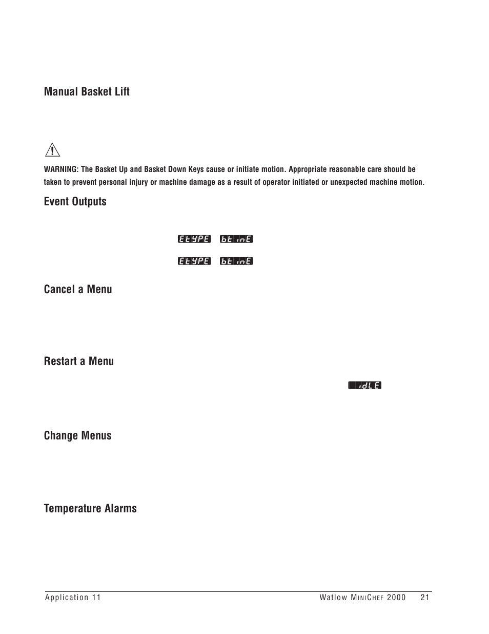 Manual basket lift, Event outputs, Cancel a menu | Restart a menu, Change menus, Temperature alarms | Watlow MINICHEF Deep Fat Fryer Application User Manual | Page 23 / 111