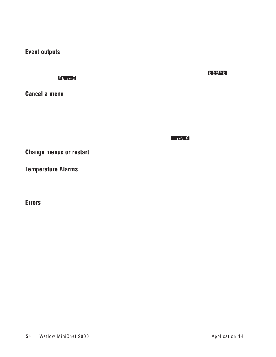 Event outputs, Cancel a menu, Change menus or restart | Temperature alarms, Errors | Watlow MINICHEF Deep Fat Fryer Application User Manual | Page 56 / 111