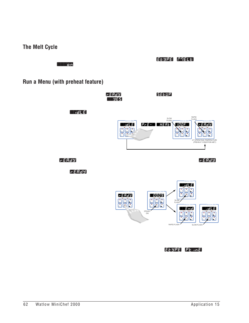 The melt cycle, Run a menu (with preheat feature), Parameter in the | Function of the configuration mode is set to, Ready, Setup, Idle, 100f, Pre-`] [`heat | Watlow MINICHEF Deep Fat Fryer Application User Manual | Page 64 / 111