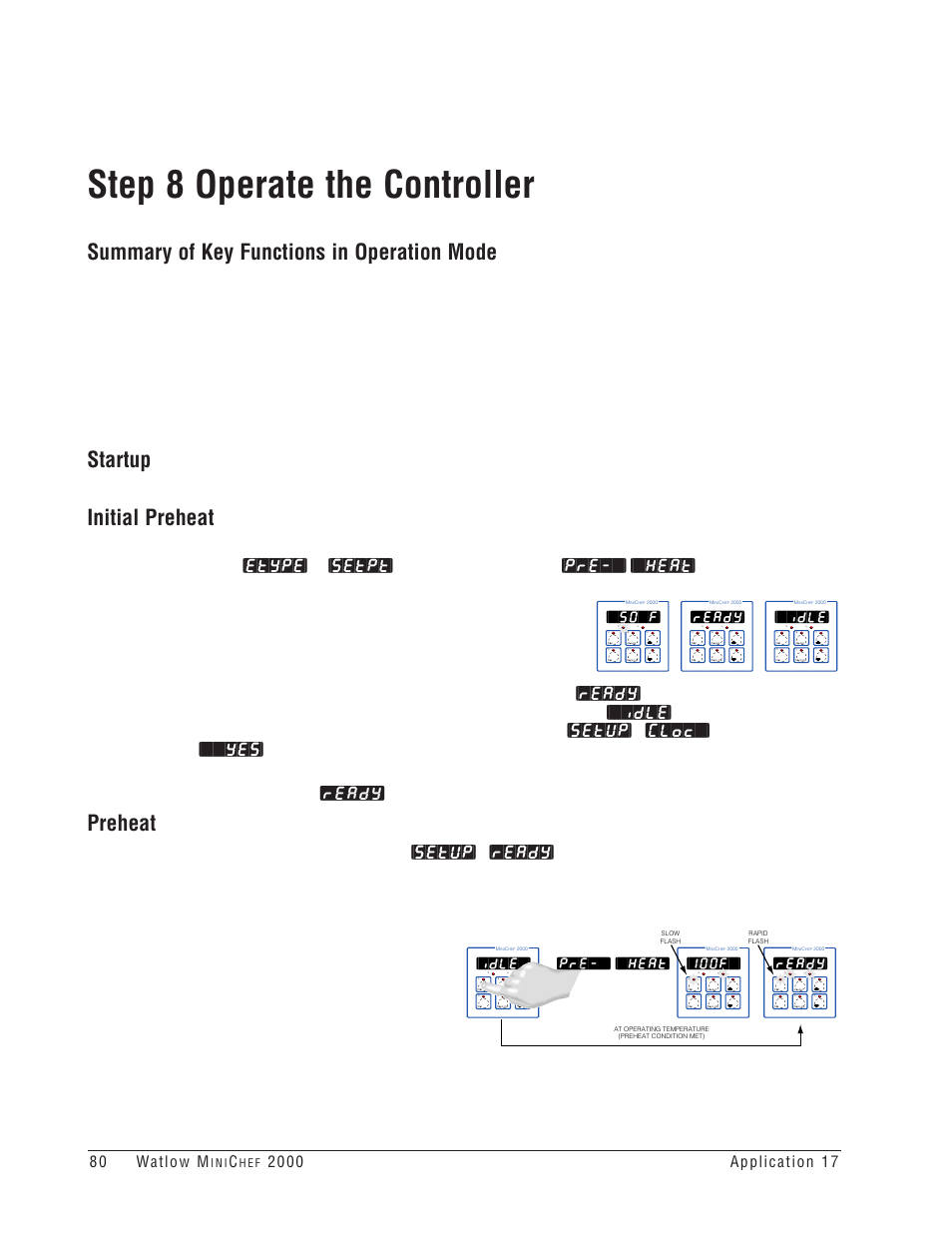 Step 8 operate the controller, Summary of key functions in operation mode, Startup | Initial preheat, Preheat, Idle, 100f, Ready, Pre-`] [`heat, 50`f | Watlow MINICHEF Deep Fat Fryer Application User Manual | Page 82 / 111