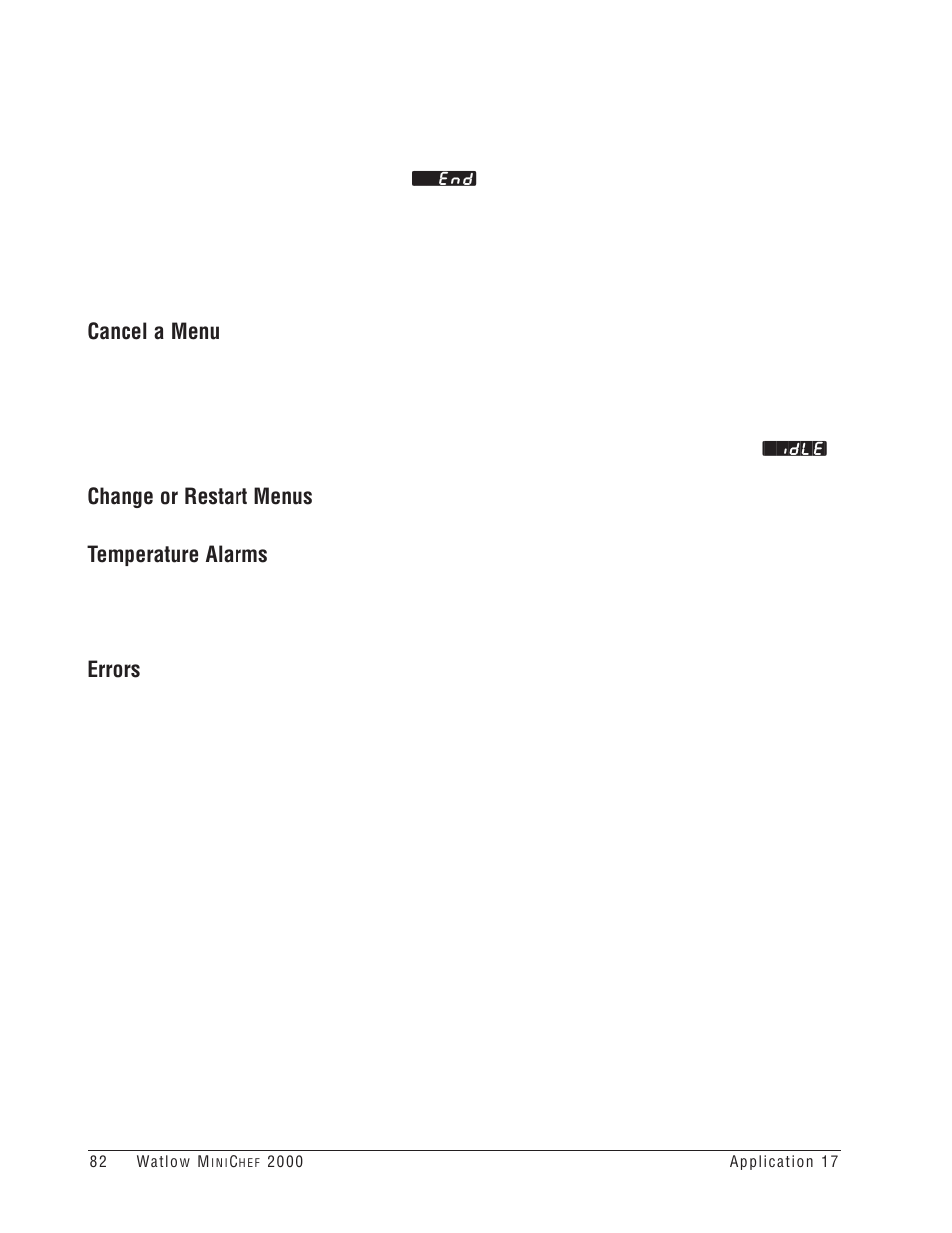 Cancel a menu, Change or restart menus, Temperature alarms | Errors | Watlow MINICHEF Deep Fat Fryer Application User Manual | Page 84 / 111