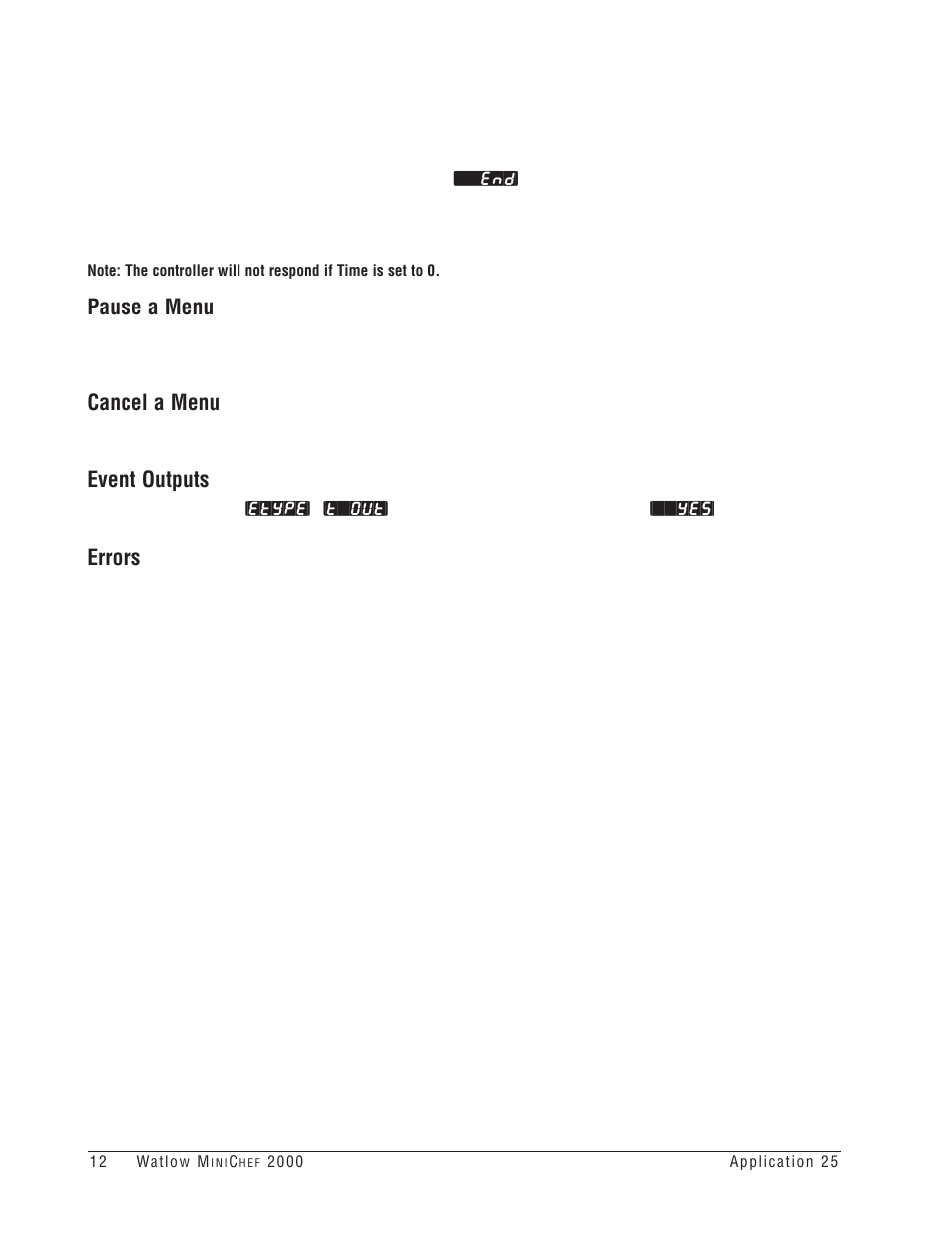 Pause a menu, Cancel a menu, Event outputs | Errors | Watlow MINICHEF Timer Applications User Manual | Page 14 / 19