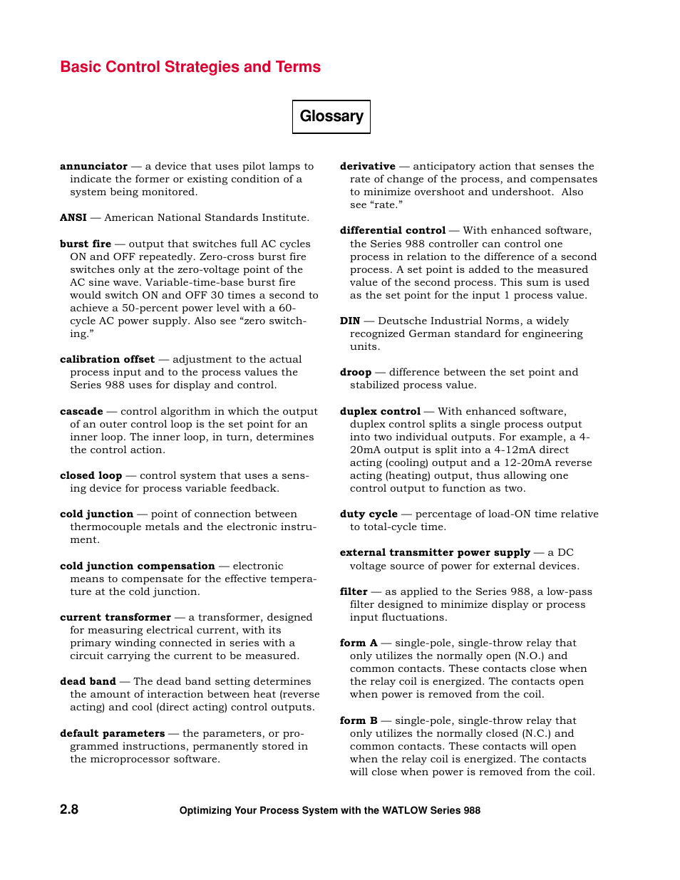Glossary, Basic control strategies and terms glossary | Watlow Optimizing Your Process System with the Series 988 Controller User Manual | Page 18 / 74