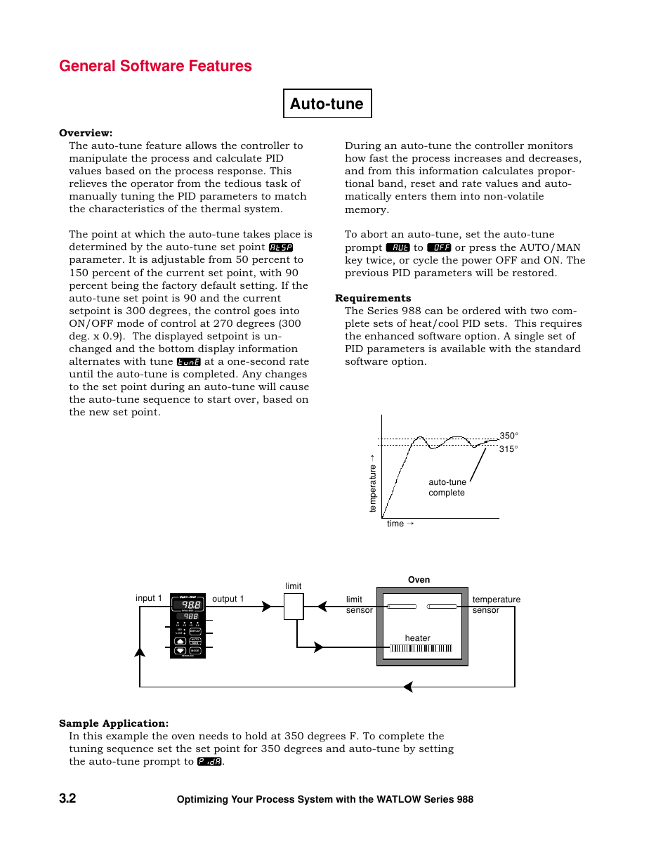 Auto-tune, General software features | Watlow Optimizing Your Process System with the Series 988 Controller User Manual | Page 22 / 74