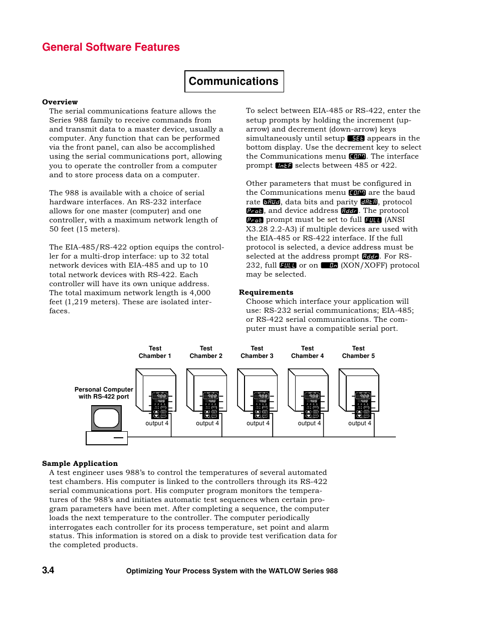 Communications, General software features, Process | Series 988 | Watlow Optimizing Your Process System with the Series 988 Controller User Manual | Page 24 / 74