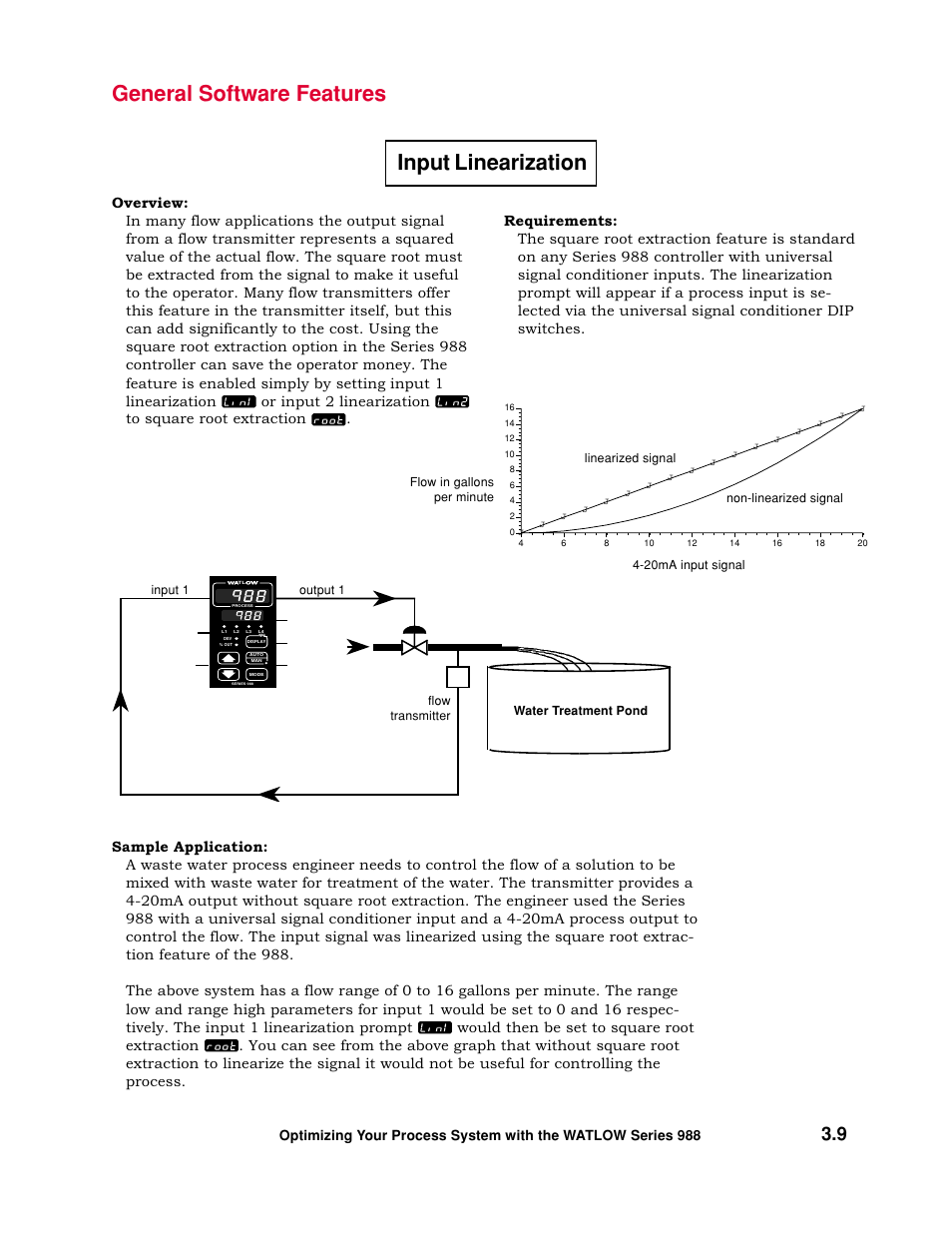 Input linearization, General software features | Watlow Optimizing Your Process System with the Series 988 Controller User Manual | Page 29 / 74
