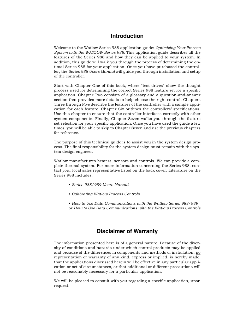 Introduction, Disclaimer of warranty | Watlow Optimizing Your Process System with the Series 988 Controller User Manual | Page 3 / 74