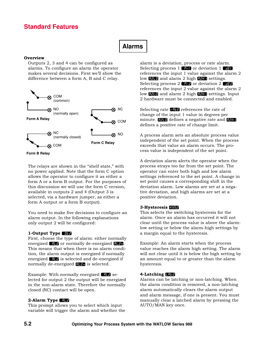 Alarms, Standard features | Watlow Optimizing Your Process System with the Series 988 Controller User Manual | Page 42 / 74