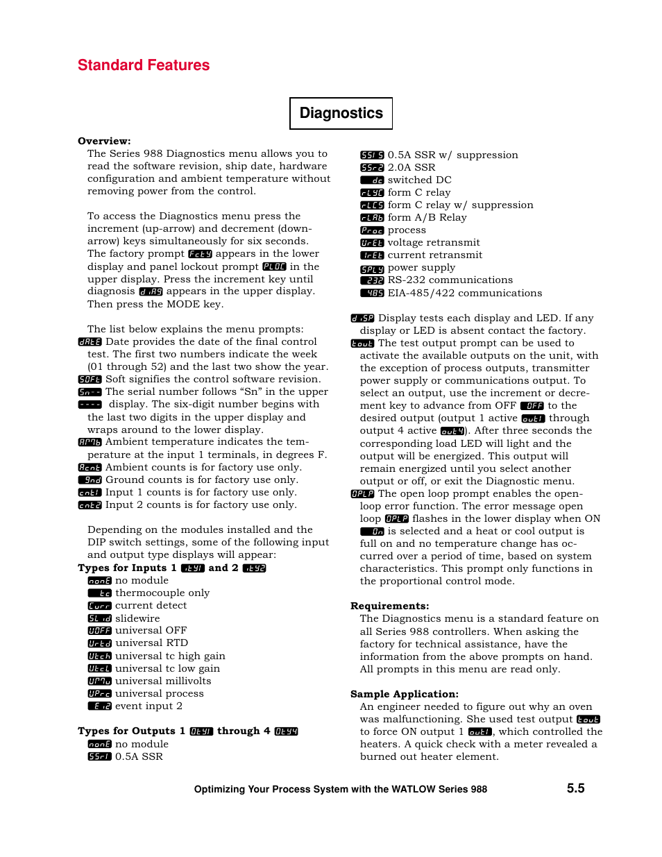 Diagnostics, Standard features | Watlow Optimizing Your Process System with the Series 988 Controller User Manual | Page 45 / 74