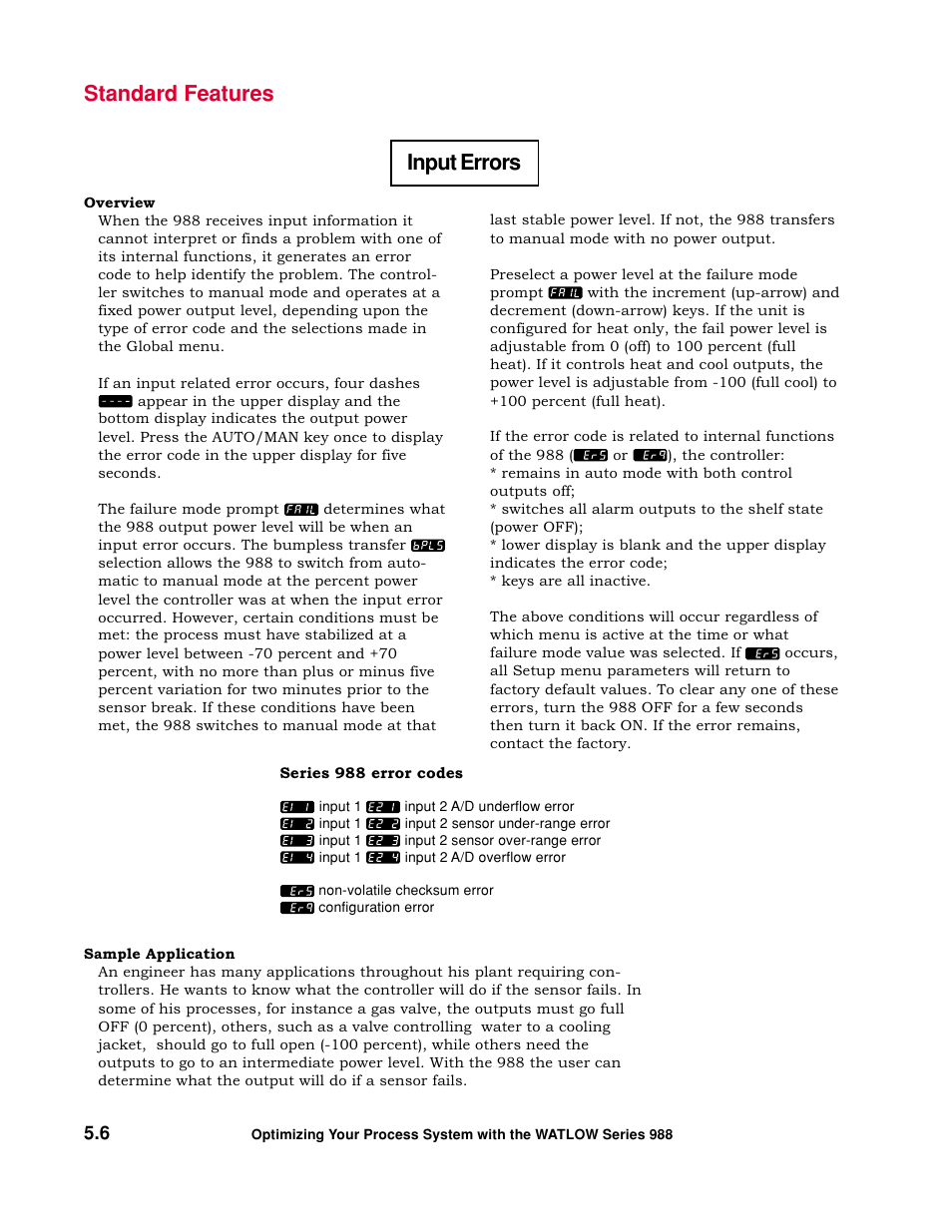 Input errors, Standard features | Watlow Optimizing Your Process System with the Series 988 Controller User Manual | Page 46 / 74