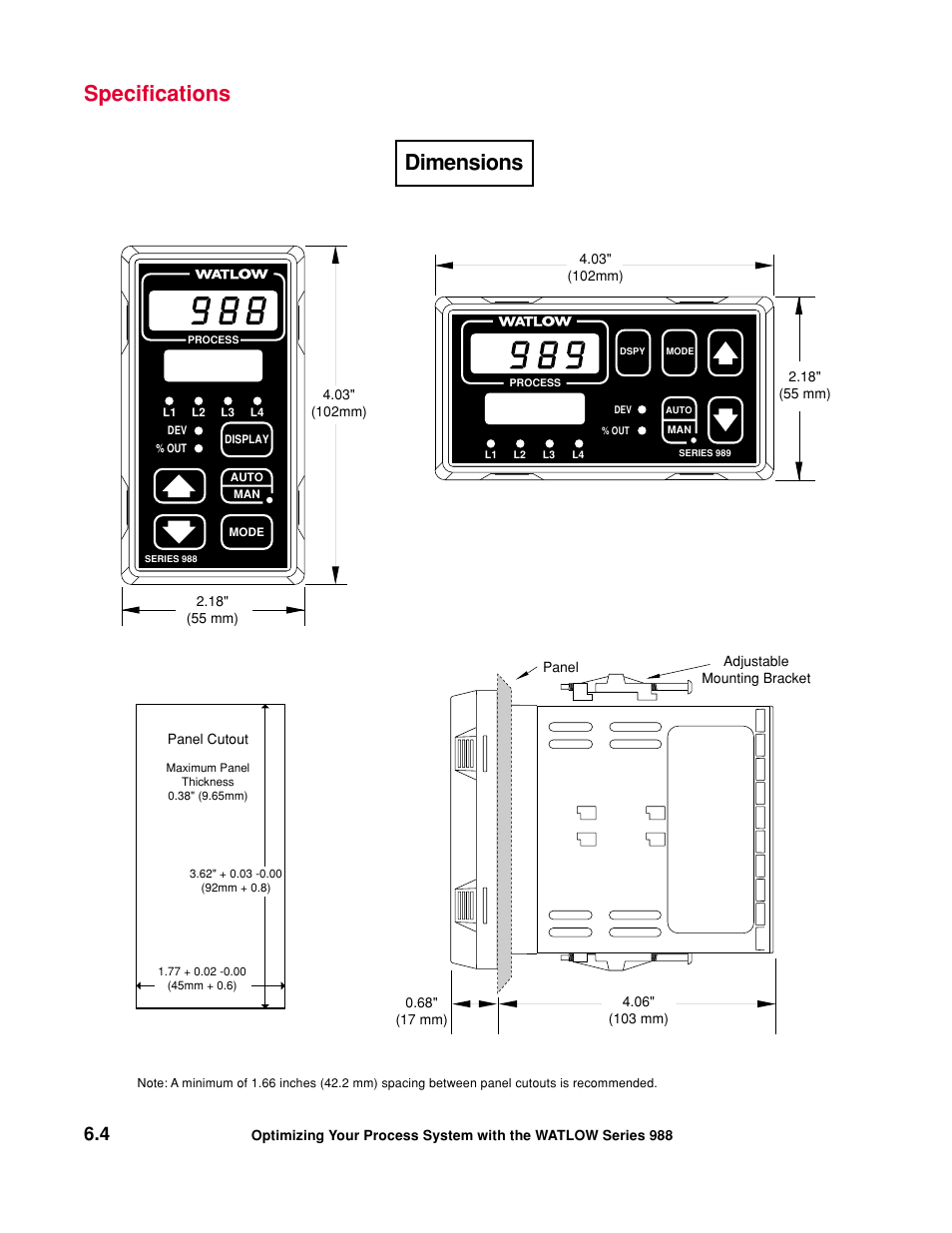Dimensions, Specifications | Watlow Optimizing Your Process System with the Series 988 Controller User Manual | Page 52 / 74