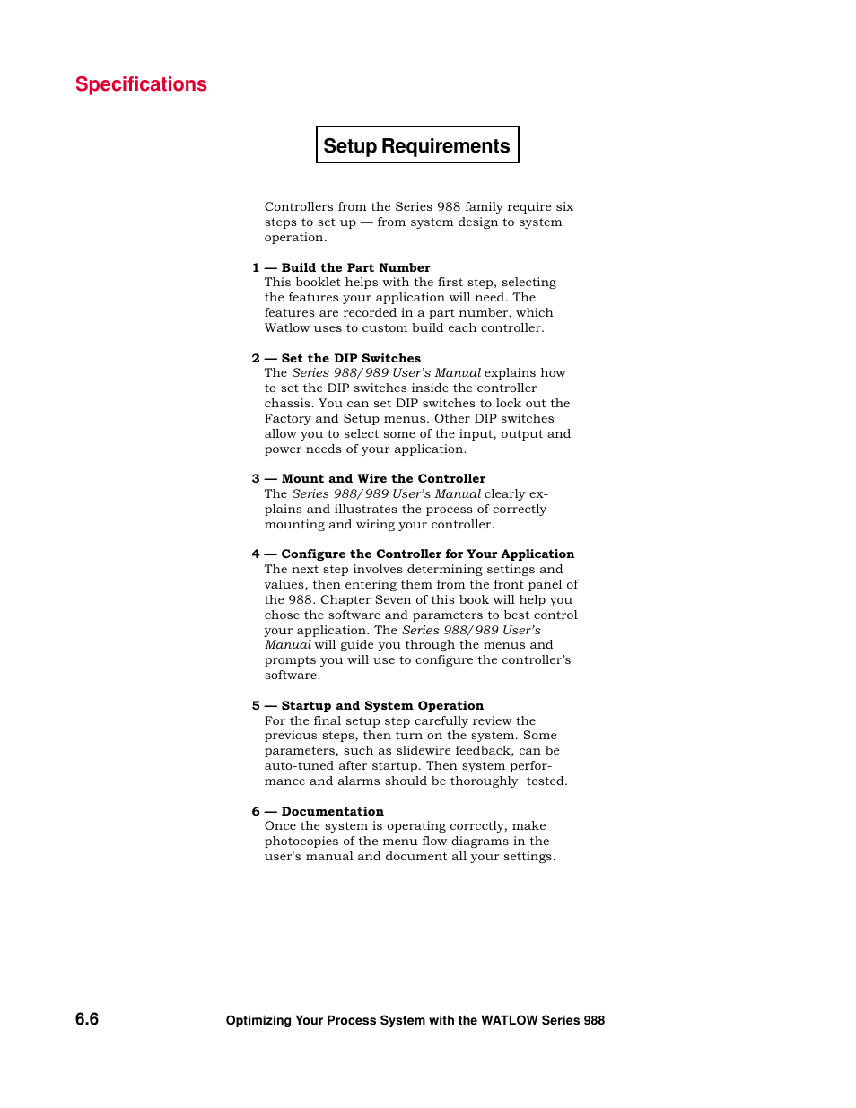 Setup requirements, Specifications | Watlow Optimizing Your Process System with the Series 988 Controller User Manual | Page 54 / 74