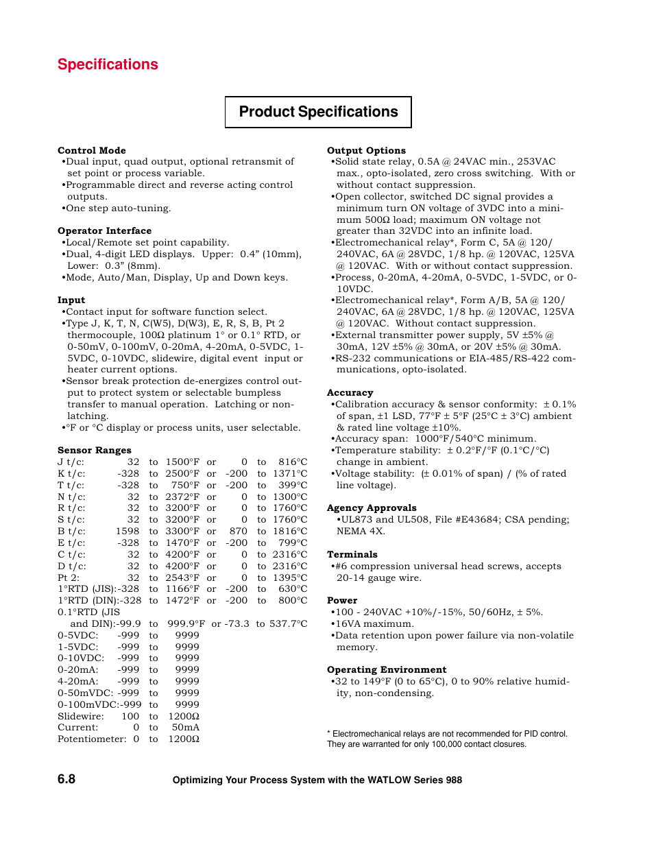 Product specifications, Specifications | Watlow Optimizing Your Process System with the Series 988 Controller User Manual | Page 56 / 74