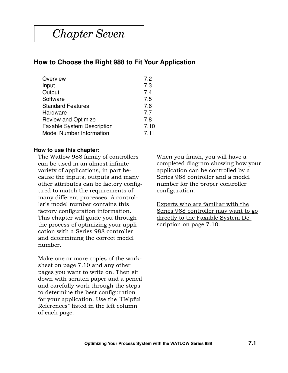 Chapter seven - choose the right 988, Chapter seven | Watlow Optimizing Your Process System with the Series 988 Controller User Manual | Page 58 / 74