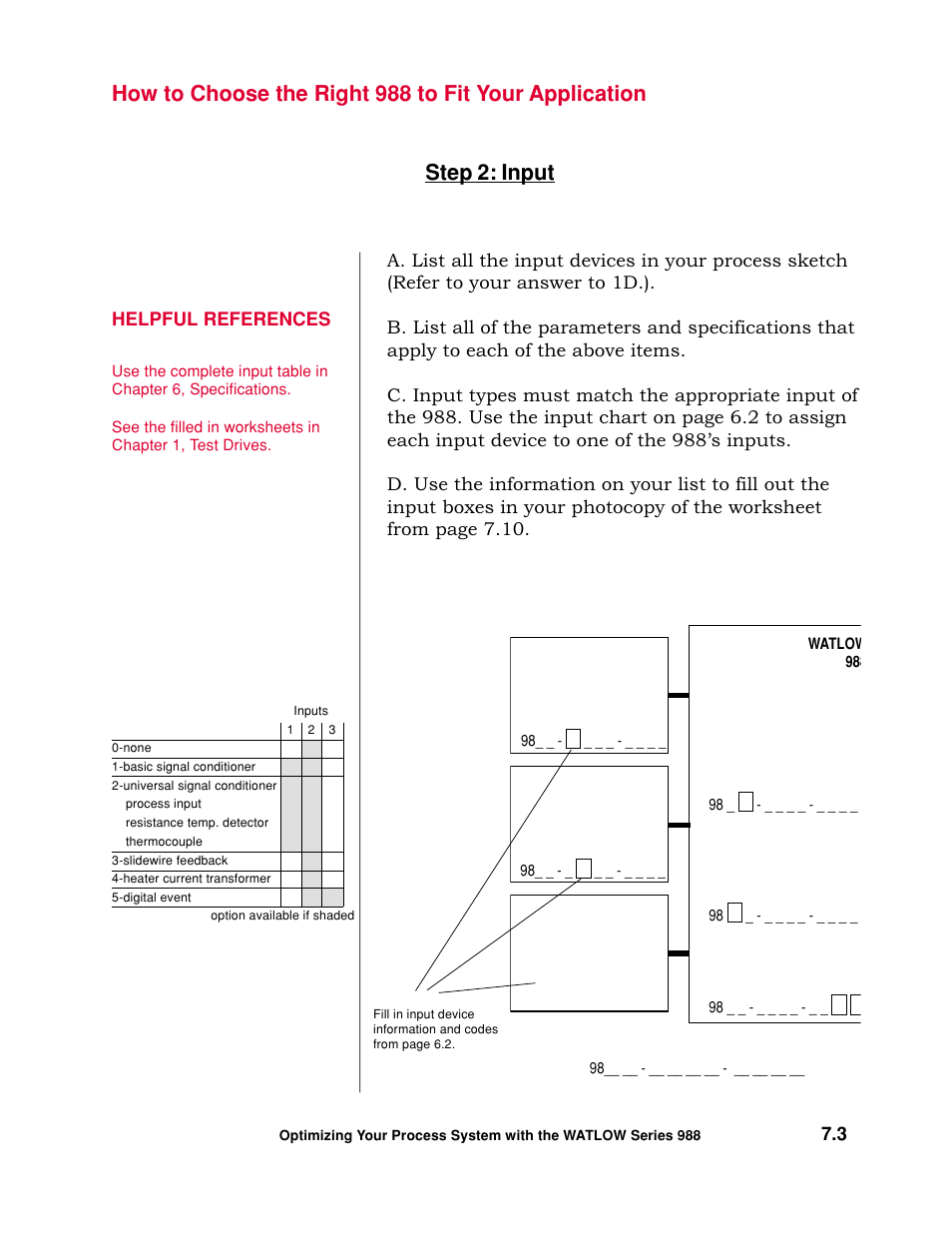 Input, Step 2: input, Helpful references | Watlow Optimizing Your Process System with the Series 988 Controller User Manual | Page 60 / 74