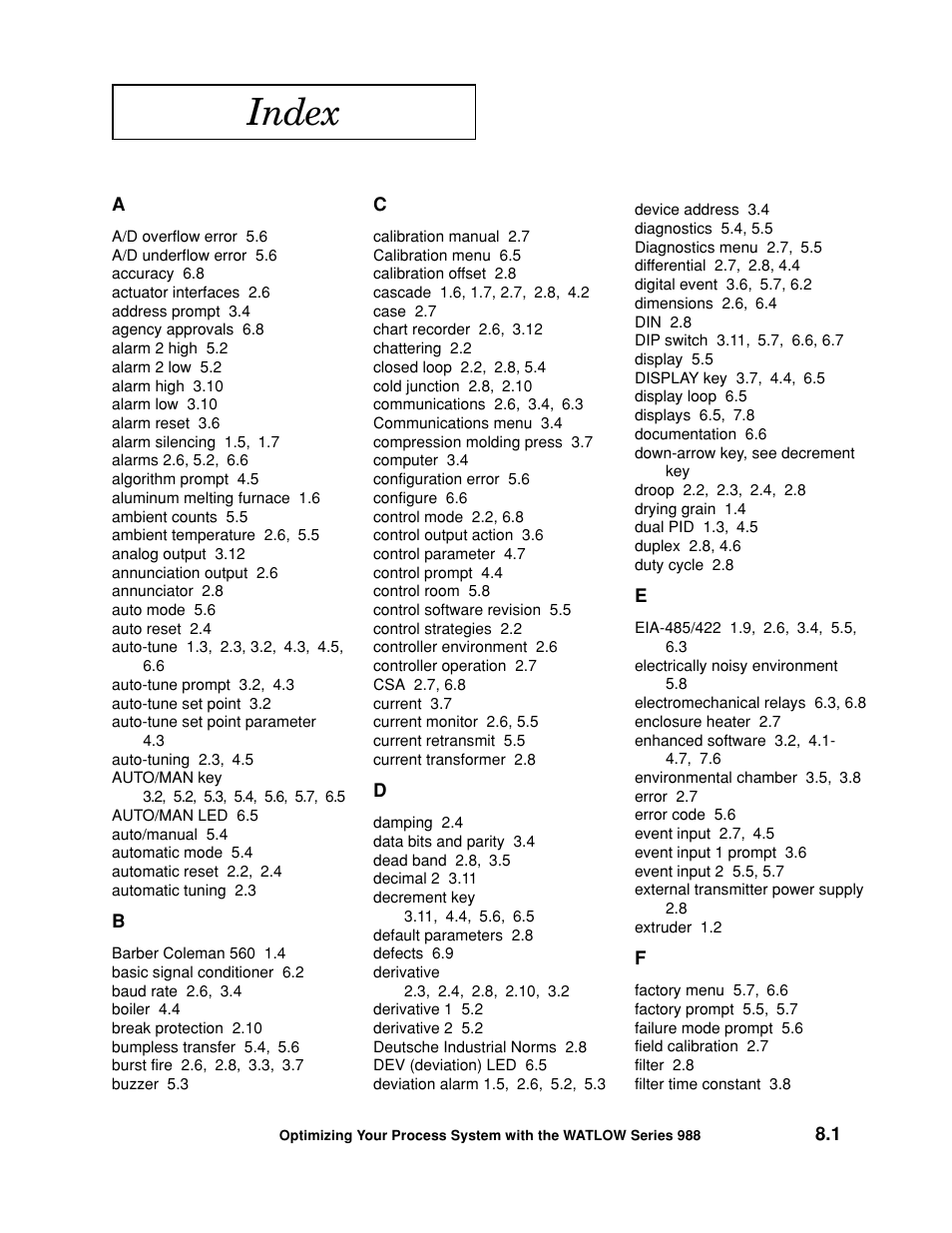 Index | Watlow Optimizing Your Process System with the Series 988 Controller User Manual | Page 69 / 74