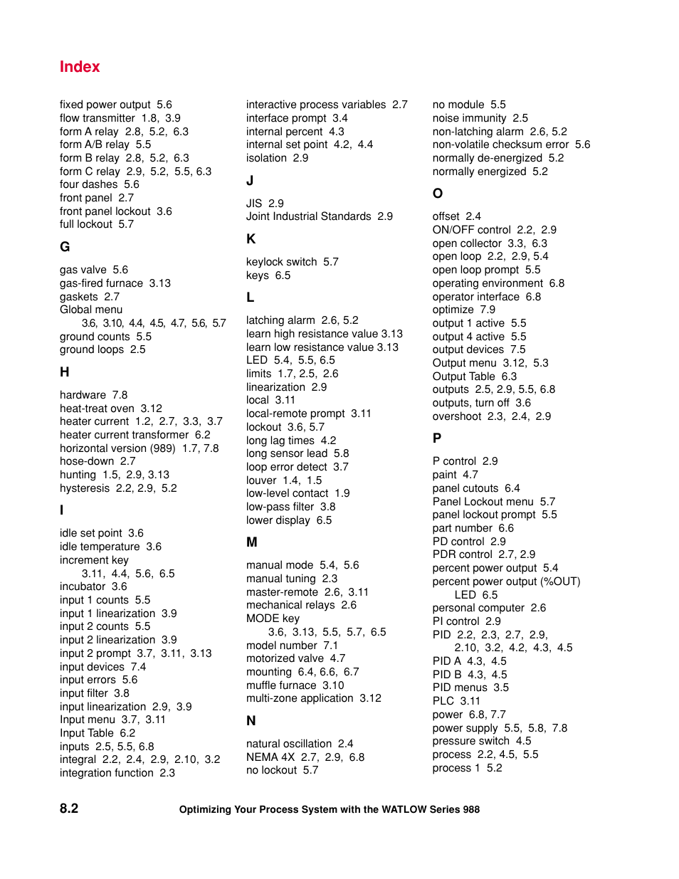 Index | Watlow Optimizing Your Process System with the Series 988 Controller User Manual | Page 70 / 74