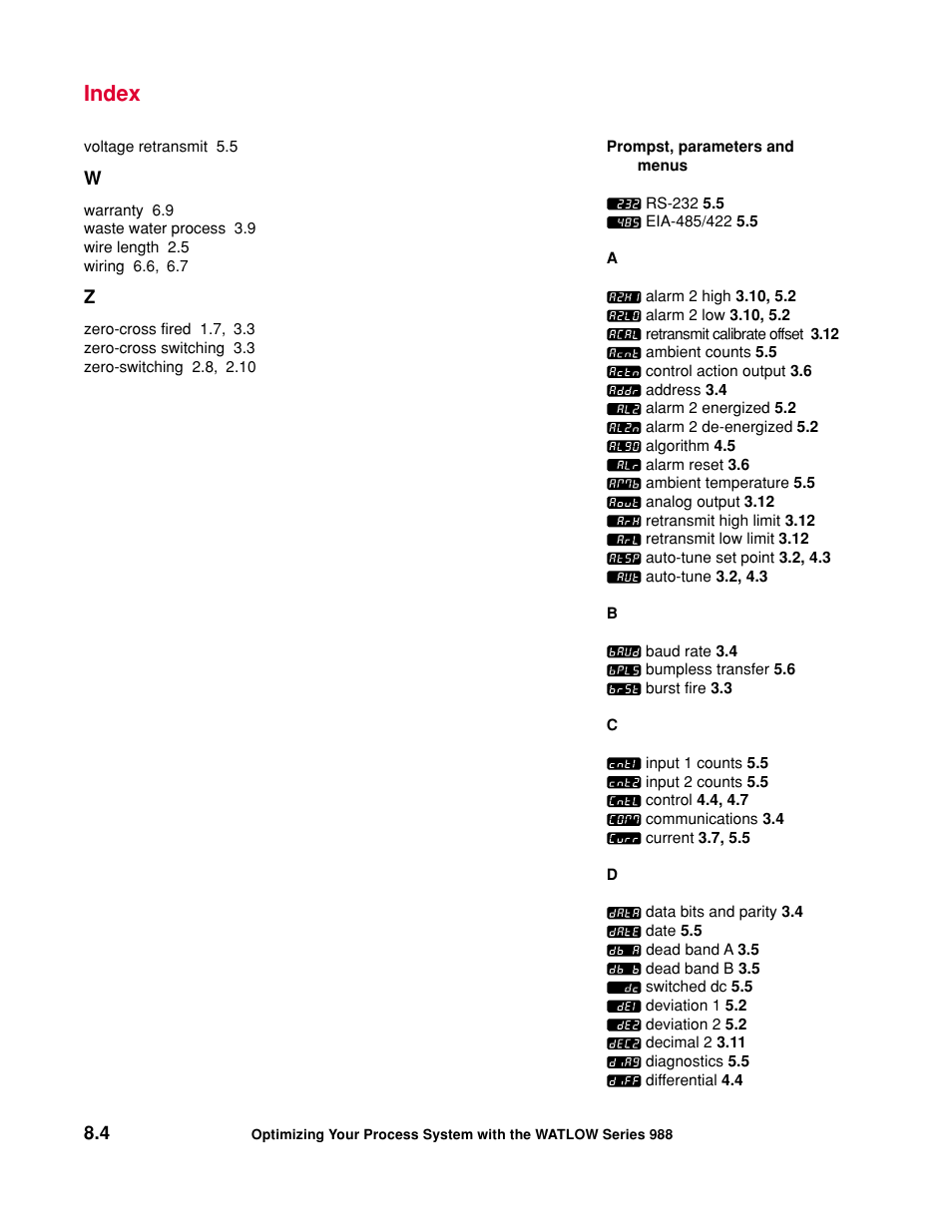 Index | Watlow Optimizing Your Process System with the Series 988 Controller User Manual | Page 72 / 74