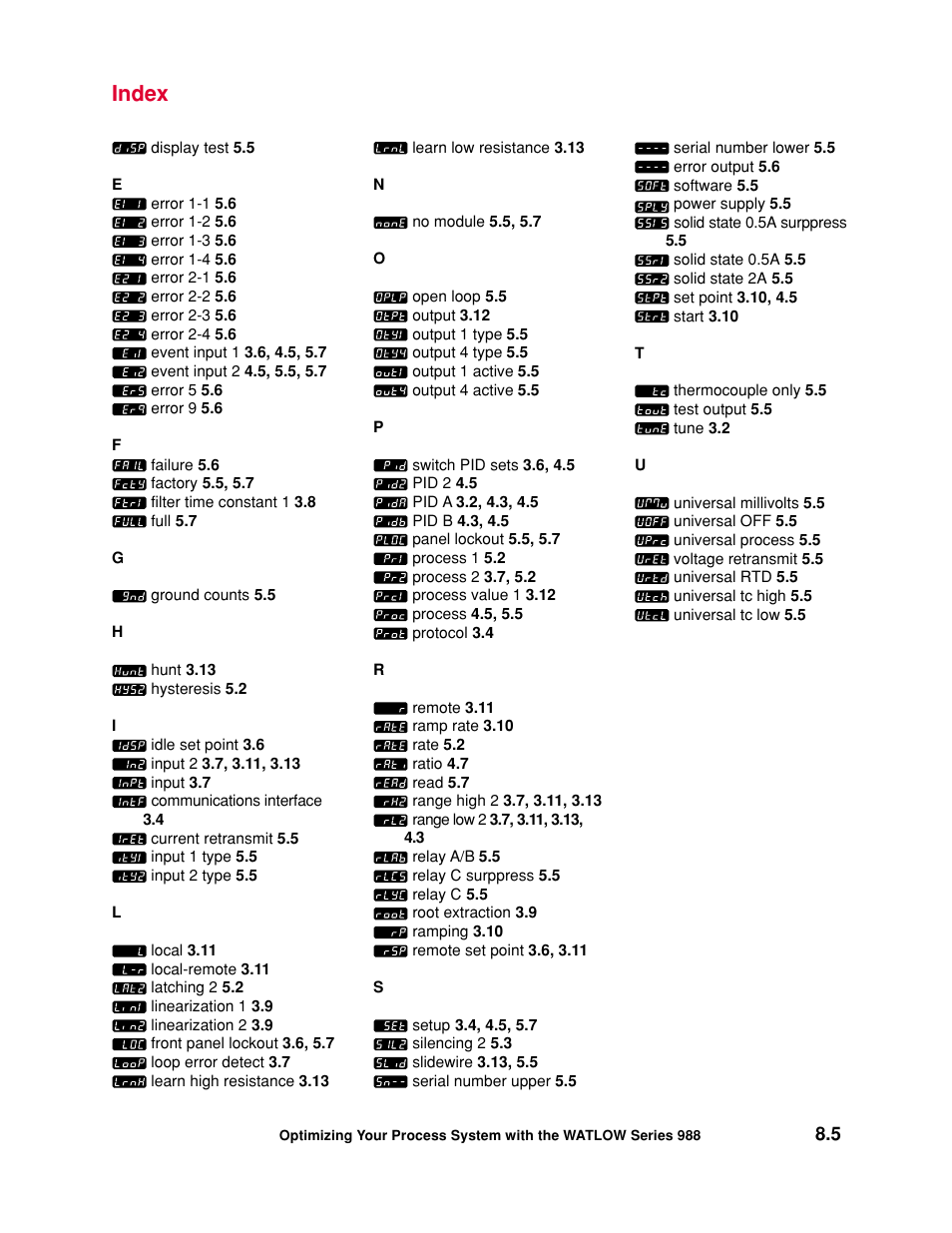 Index | Watlow Optimizing Your Process System with the Series 988 Controller User Manual | Page 73 / 74
