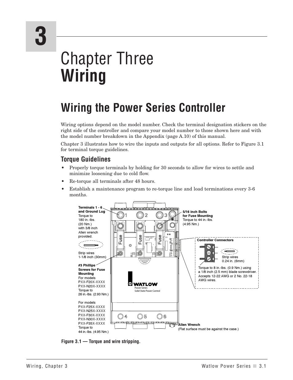 Chapter three wiring, Chapter 3: wiring, Torque guidelines | Wiring the power series controller | Watlow Power Series Rev H User Manual | Page 13 / 72