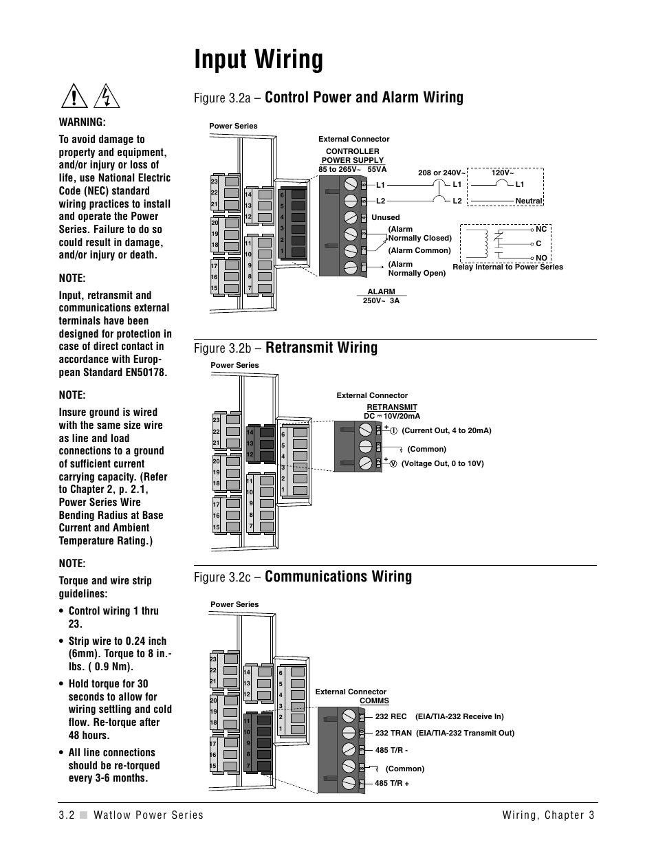 Input wiring, Control power and alarm wiring, Retransmit wiring | Communications wiring, Figure 3.2a, Figure 3.2b, Figure 3.2c | Watlow Power Series Rev H User Manual | Page 14 / 72