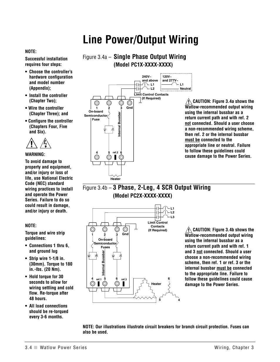 Power/output wiring, Line power/output wiring, Single phase output wiring | 3 phase, 2-leg, 4 scr output wiring, Figure 3.4a | Watlow Power Series Rev H User Manual | Page 16 / 72