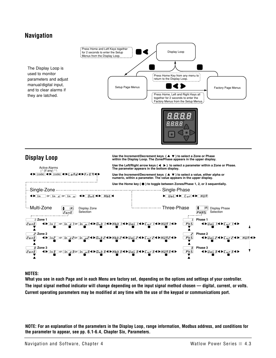 Software map, Navigation, Display loop | Single-zone single-phase, Multi-zone, Three-phase | Watlow Power Series Rev H User Manual | Page 21 / 72