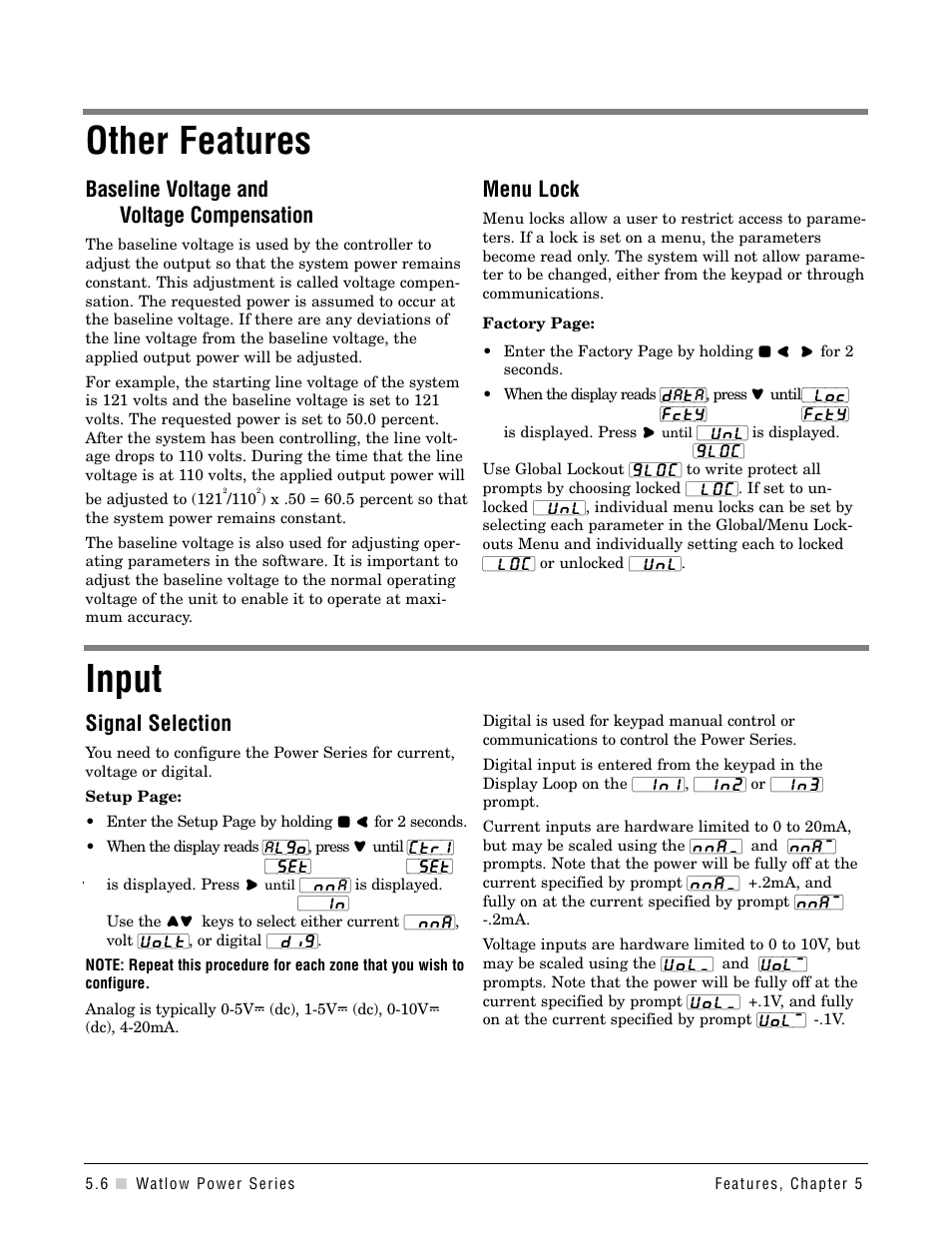 Other features, Input, Other features input | Baseline voltage and voltage compensation, Menu lock, Signal selection | Watlow Power Series Rev H User Manual | Page 28 / 72