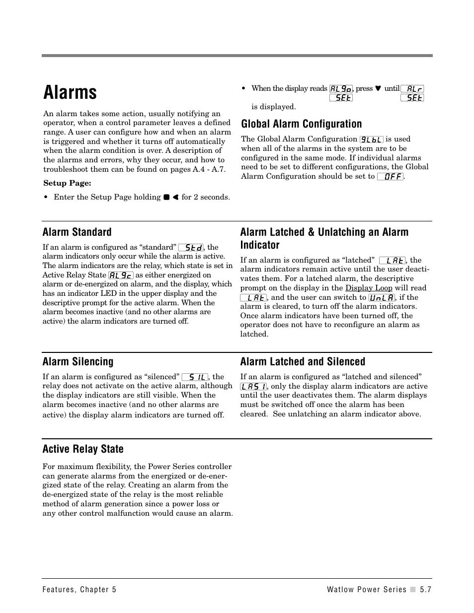Alarms, Alarm standard, Alarm latched & unlatching an alarm indicator | Global alarm configuration, Alarm silencing, Alarm latched and silenced, Active relay state | Watlow Power Series Rev H User Manual | Page 29 / 72