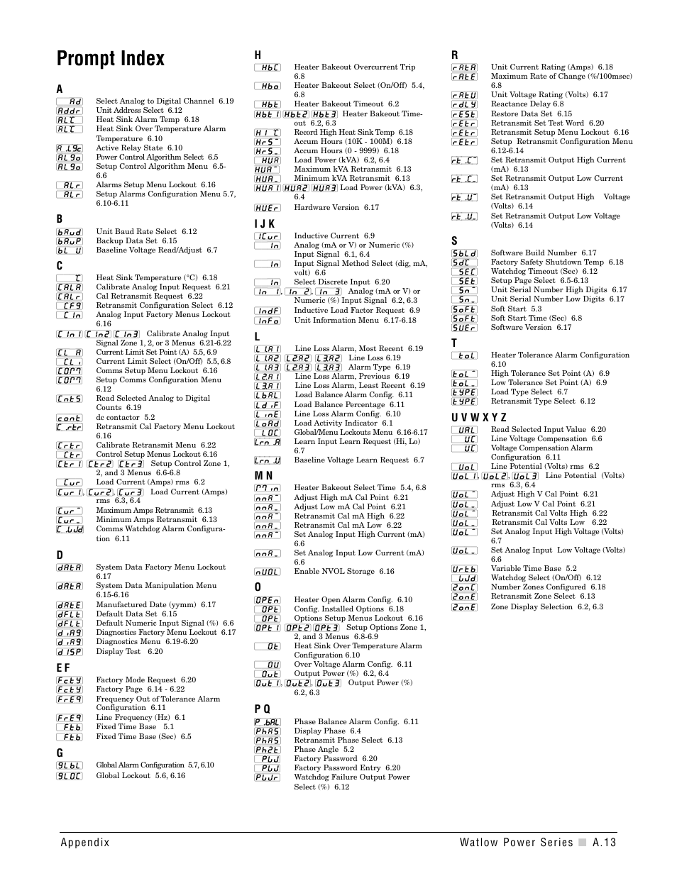 Prompt index, Prompt index a.13, I j k | Watlow Power Series Rev H User Manual | Page 67 / 72