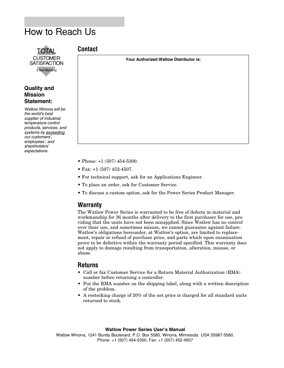 How to reach us, Warranty, Returns | Warranty and returns policy . . .back cover, Warranty information . . . . . . . . . back cover, Arranty information back cover, Total, Contact | Watlow Power Series Rev H User Manual | Page 72 / 72