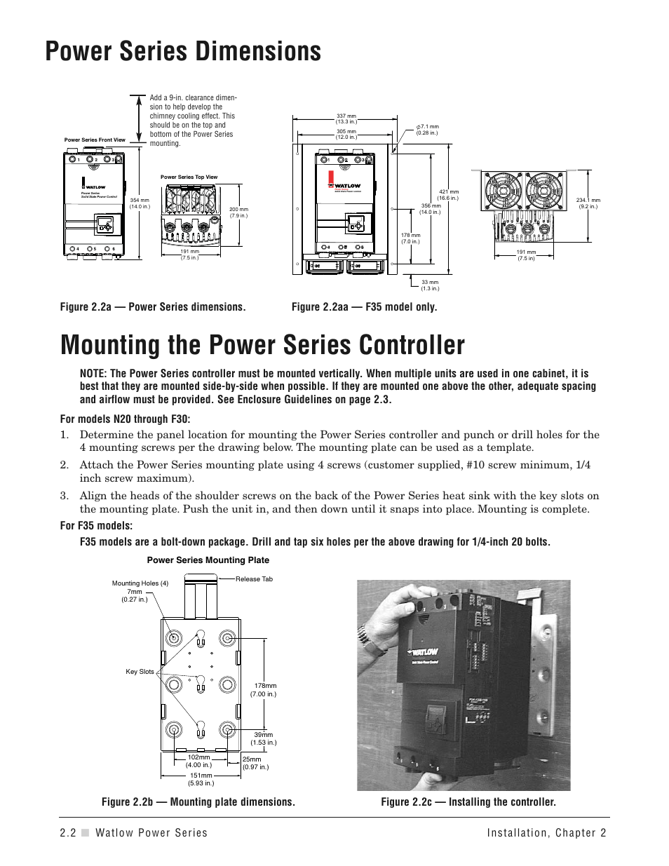 Power series dimensions, Mounting the power series controller, Dimensions | Mounting the power series, 2 i watlow power series installation, chapter 2, Figure 2.2a — power series dimensions, Figure 2.2aa — f35 model only | Watlow Power Series Rev H User Manual | Page 8 / 72