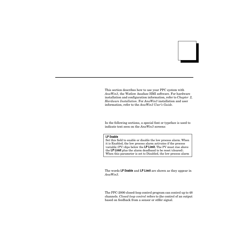 3 operating with anawin3, Type definitions, Closed-loop control | Operating with anawin3 89, Type definitions 89 closed-loop control 89, Figure 3.1—sample screen text 89, Operating with anawin3 | Watlow PPC-2000 User Manual | Page 113 / 320