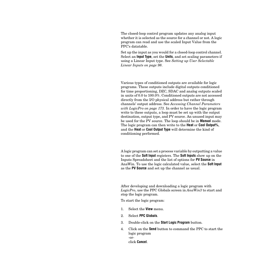 Setting up outputs for use with a logic program, Using logic to set an analog input, Starting and stopping logic programs | Watlow PPC-2000 User Manual | Page 137 / 320