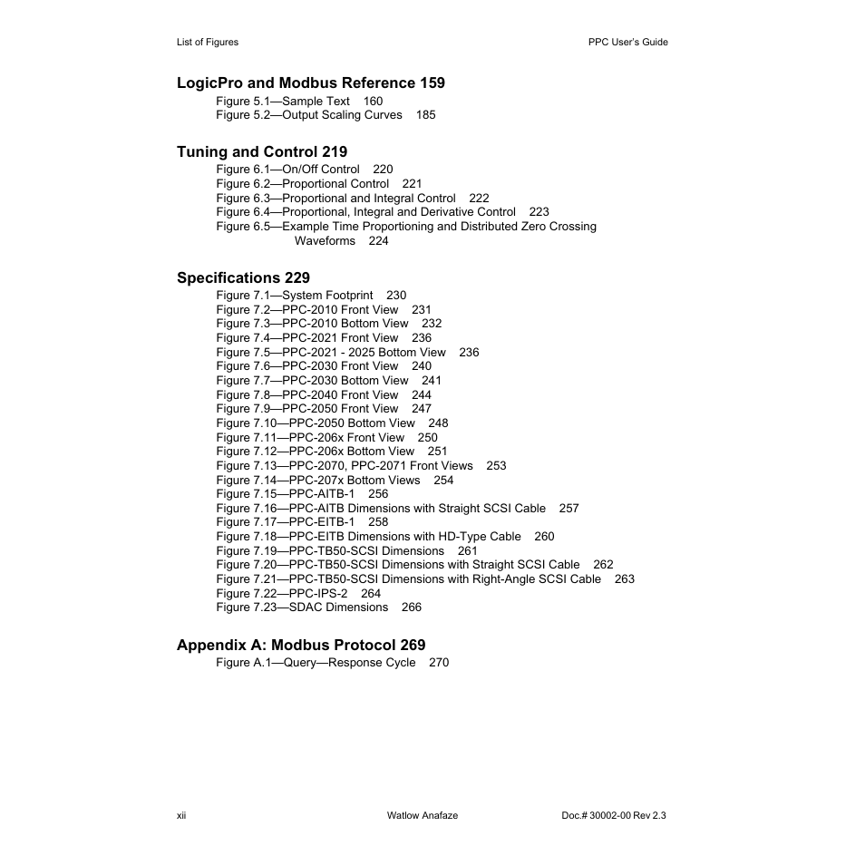 Logicpro and modbus reference 159, Tuning and control 219, Specifications 229 | Appendix a: modbus protocol 269 | Watlow PPC-2000 User Manual | Page 18 / 320