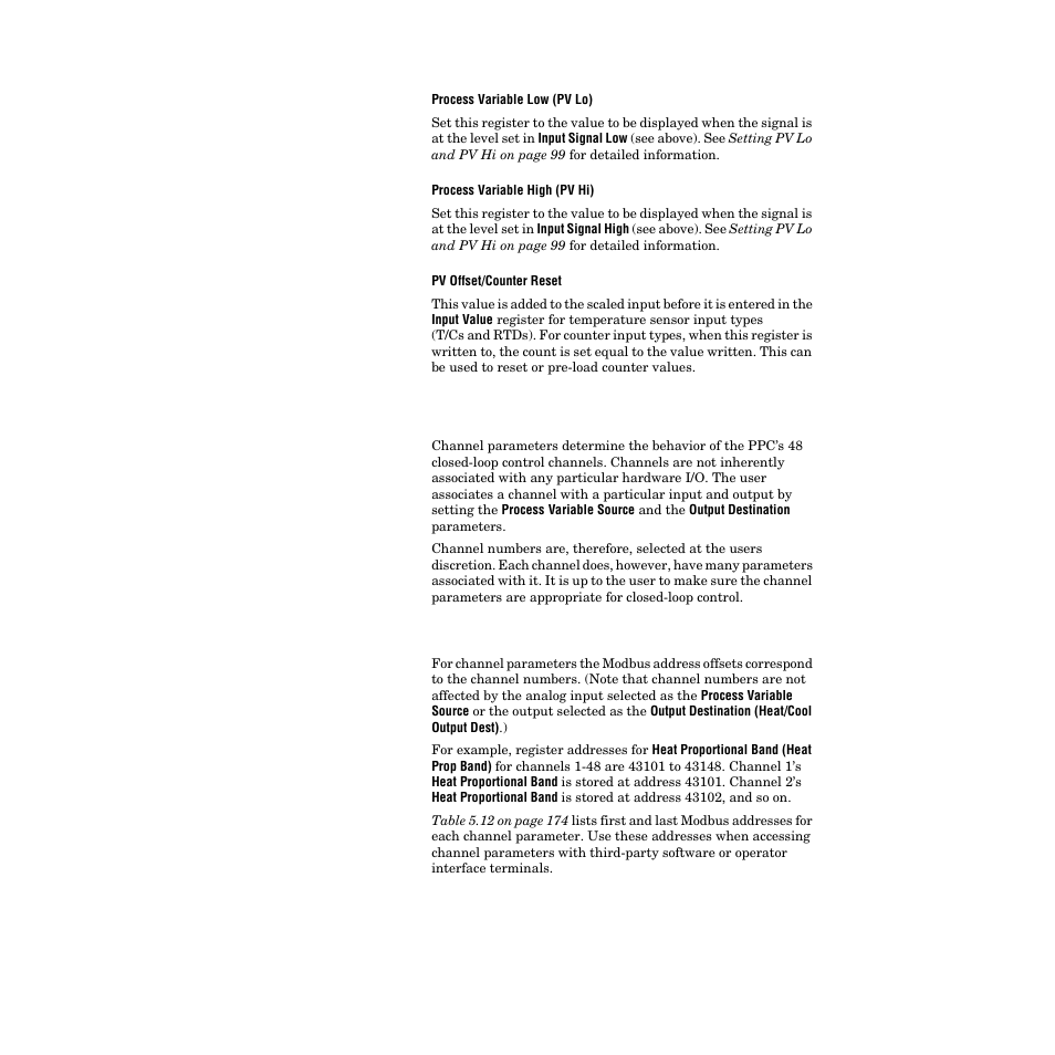 Channel parameters in the database, Accessing channel parameters with modbus, Channel parameters in the database 172 | Accessing channel parameters with modbus 172, Table 5.11 | Watlow PPC-2000 User Manual | Page 198 / 320