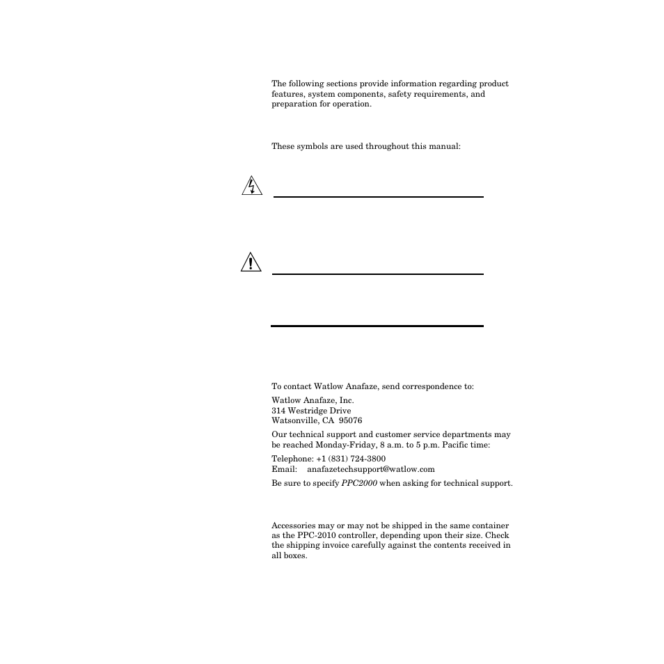 Getting started, Safety symbols, Contacting watlow anafaze | Initial inspection, Getting started 2 | Watlow PPC-2000 User Manual | Page 26 / 320