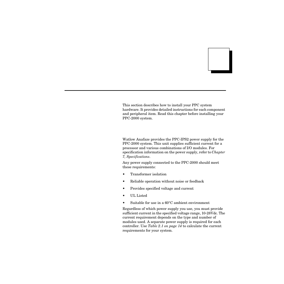 2 hardware installation, Power supply requirements, Hardware installation 13 | Power supply requirements 13, Hardware installation | Watlow PPC-2000 User Manual | Page 37 / 320