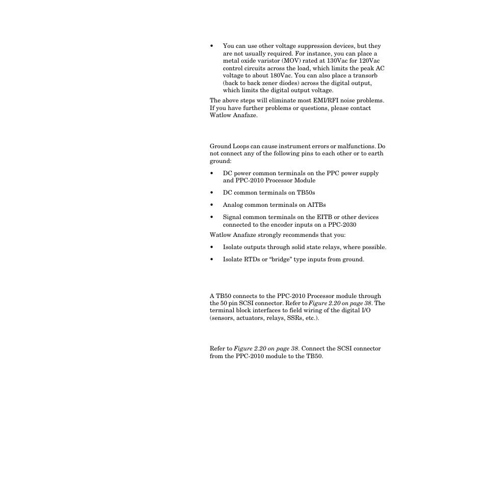 Avoiding ground loops, Connecting i/o to the ppc-2010, Connecting the tb50 to the ppc-2010 module | Avoiding ground loops 37, Connecting i/o to the ppc-2010 37, Connecting the tb50 to the ppc-2010 module 37 | Watlow PPC-2000 User Manual | Page 61 / 320