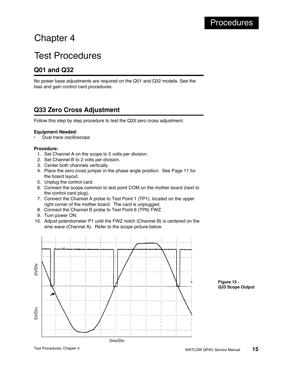 Chapter 4, Test procedures, Q01 and q32 | Q33 zero cross adjustment, Q01 and q32 q33 zero cross adjustment, Chapter 4 test procedures, Procedures | Watlow QPAC Modular SCR Power Control Service User Manual | Page 15 / 43