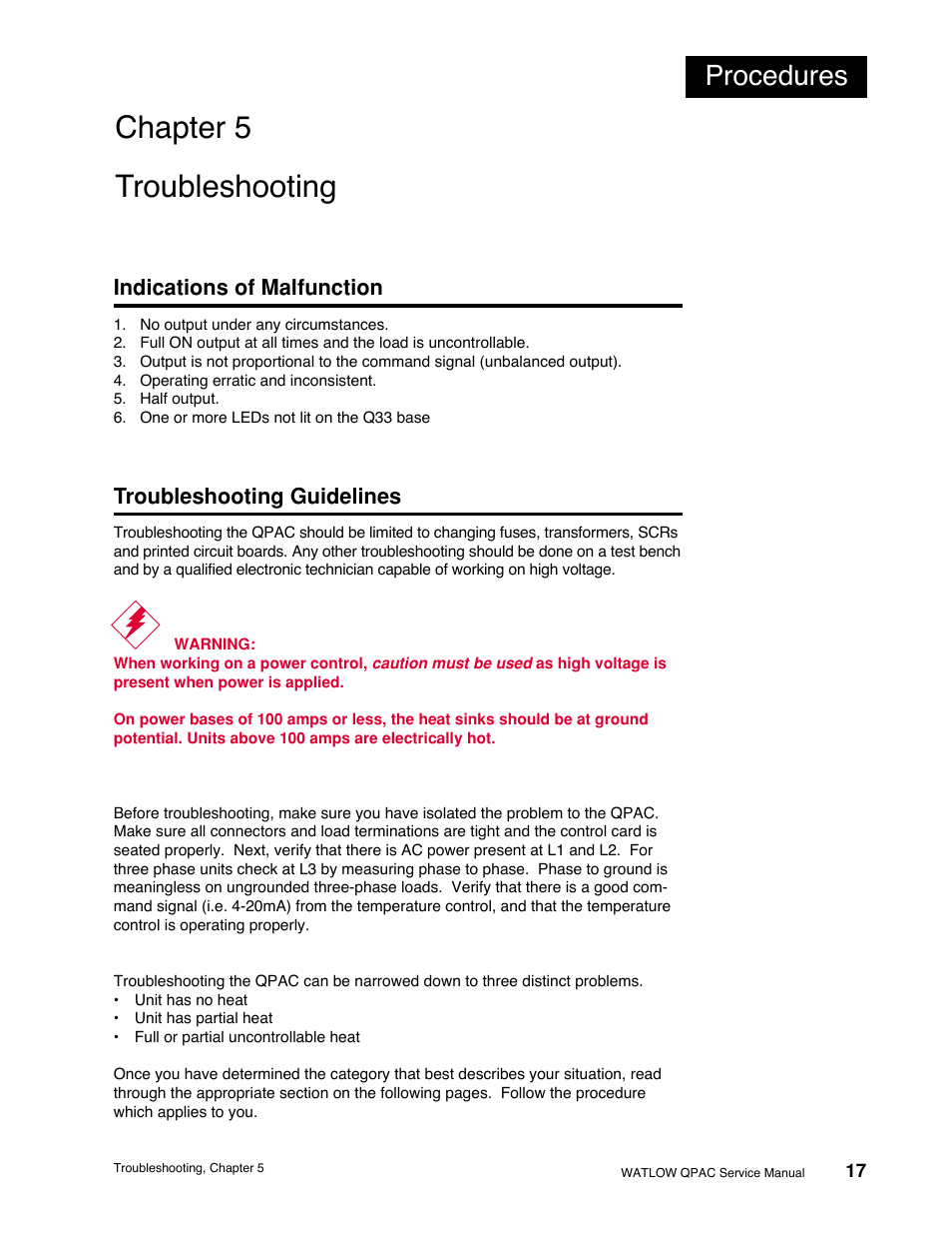 Chapter 5, Troubleshooting, Indications of malfunction | Troubleshooting guidelines, Chapter 5 troubleshooting, Procedures | Watlow QPAC Modular SCR Power Control Service User Manual | Page 17 / 43