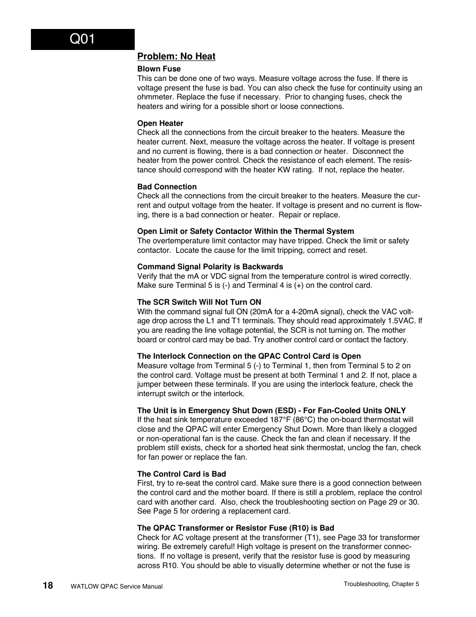 Q01 troubleshooting | Watlow QPAC Modular SCR Power Control Service User Manual | Page 18 / 43