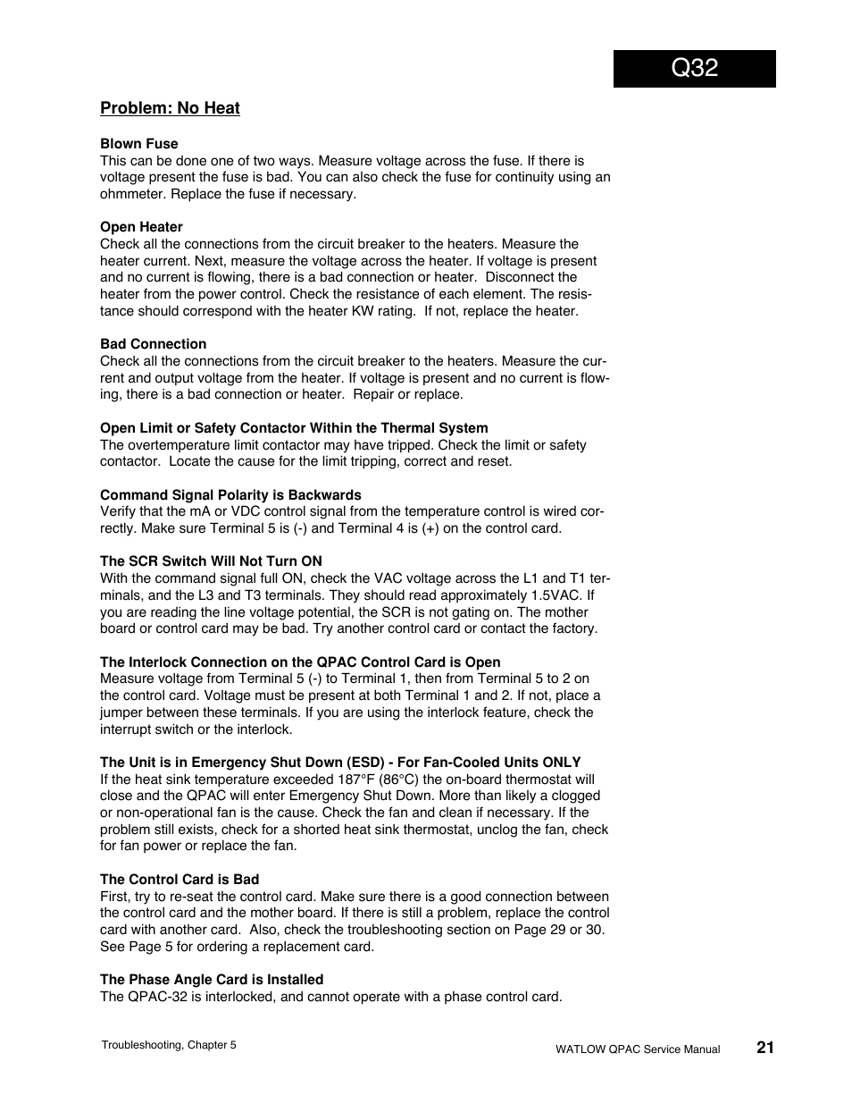 Problem: no heat, Q32 troubleshooting | Watlow QPAC Modular SCR Power Control Service User Manual | Page 21 / 43