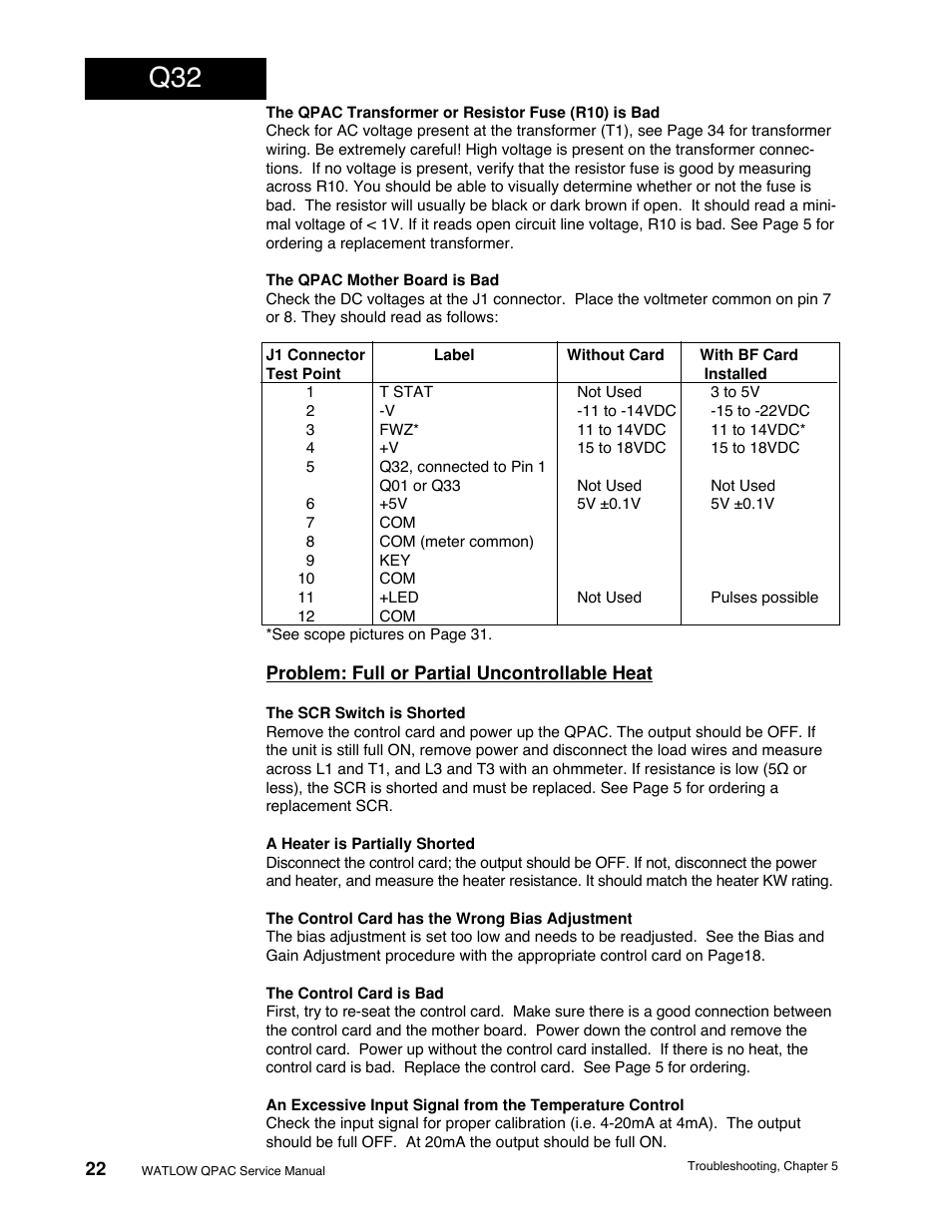 Problem: full or partial uncontrollable heat | Watlow QPAC Modular SCR Power Control Service User Manual | Page 22 / 43